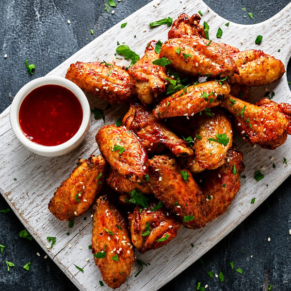 Glazed chicken wings with sesame seeds and parsley, served with a side of red dipping sauce.